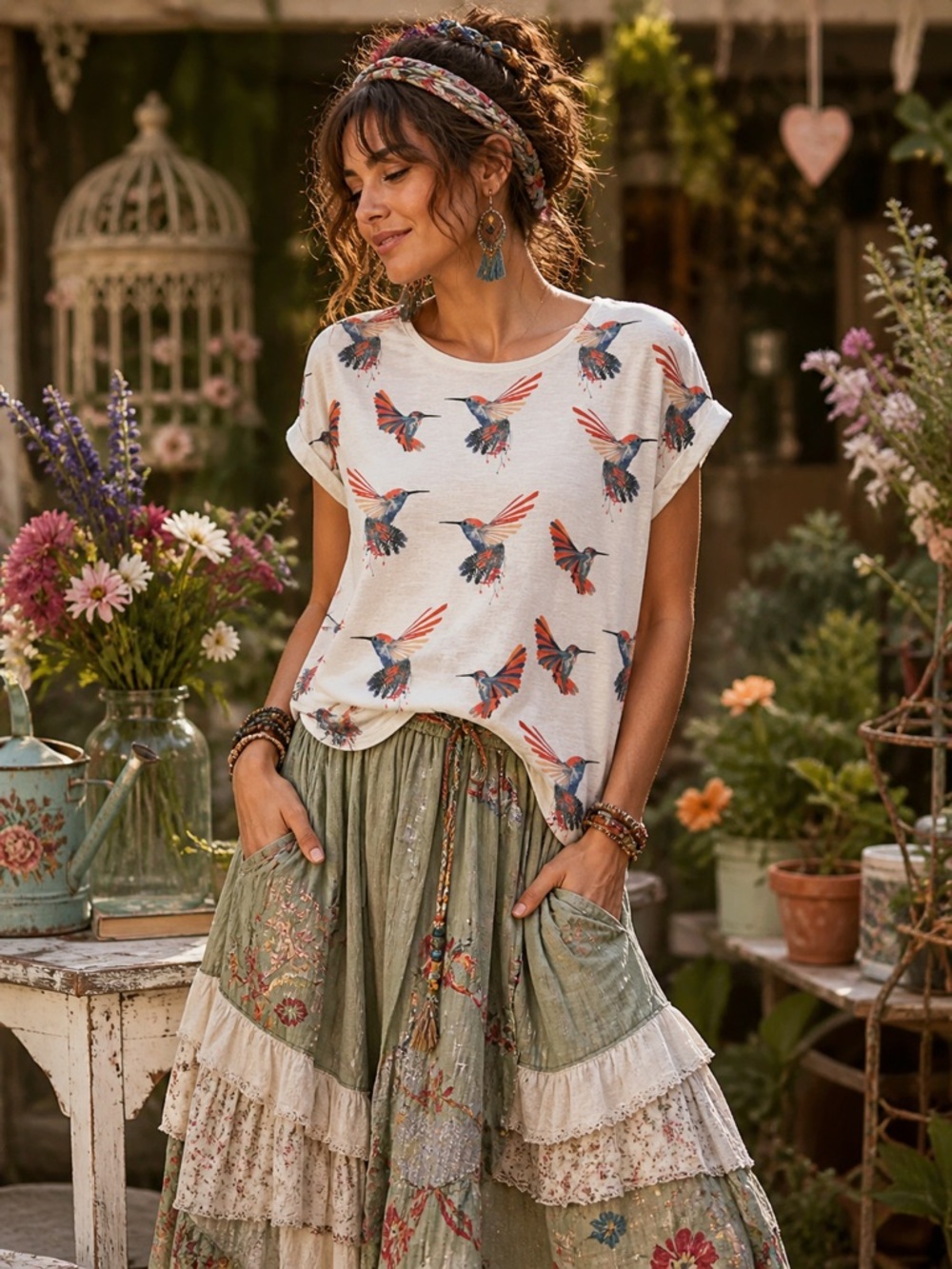 Apricot UK Hummingbird Print Boxy Tee TOP US10 Uk 14 Rolled Sleeve
